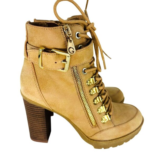 G by Guess Shoes - G by Guess Womens Tan Beige Lace-Up Grazzy Block Heel Side Zip Ankle Boots 6M